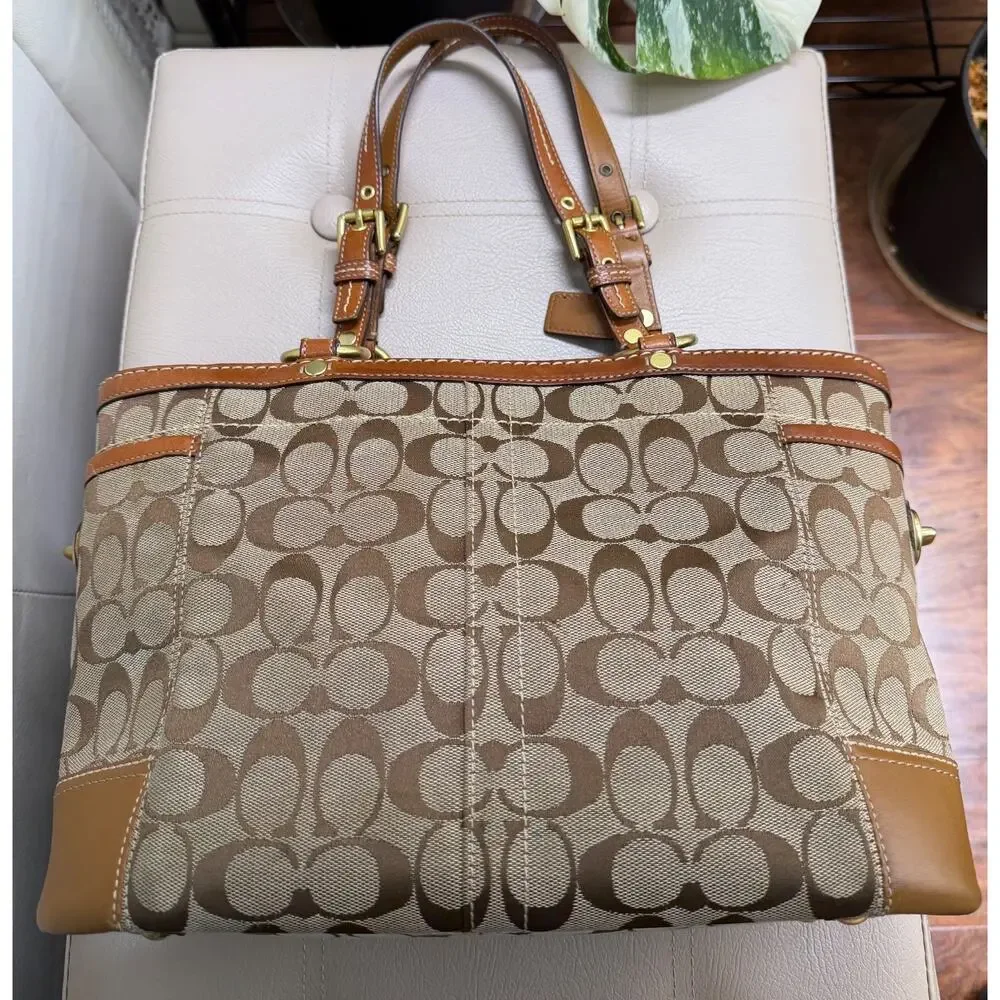 Coach Shoulder Bag Logo Pattern Leather Trim Gold Hardware Pockets